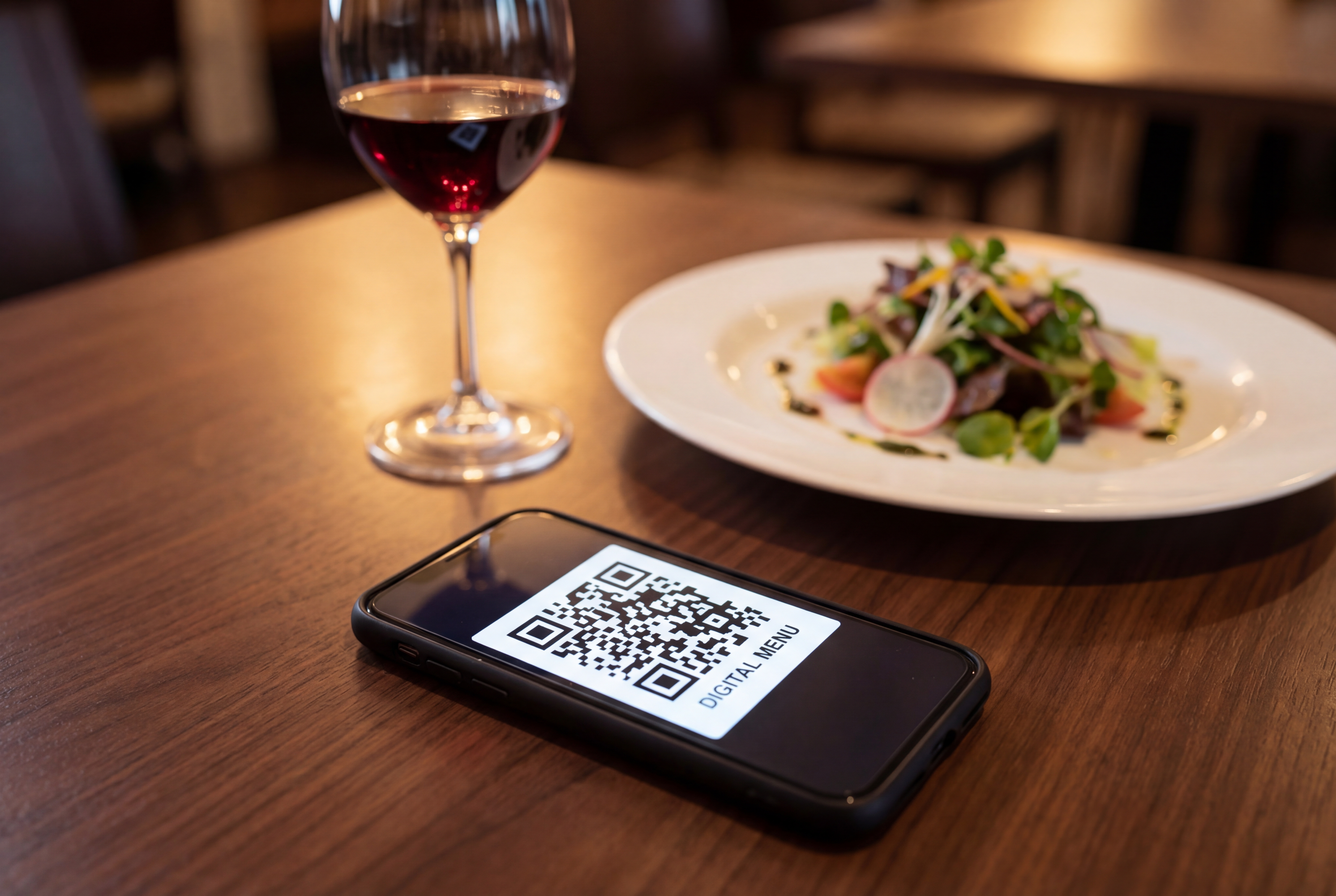 Phone with QR code on restaurant table next to wine and salad