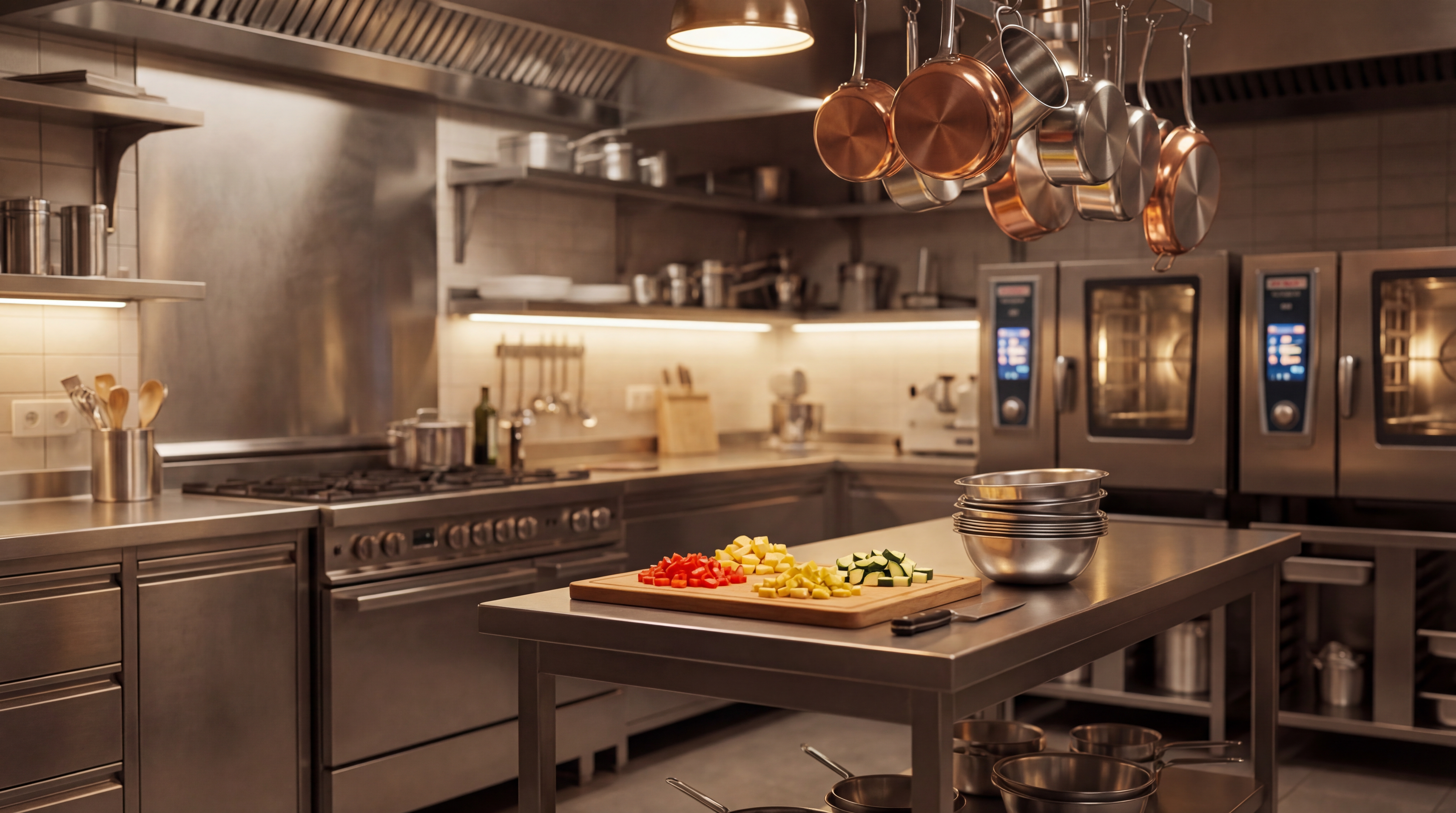 Professional kitchen with copper pans