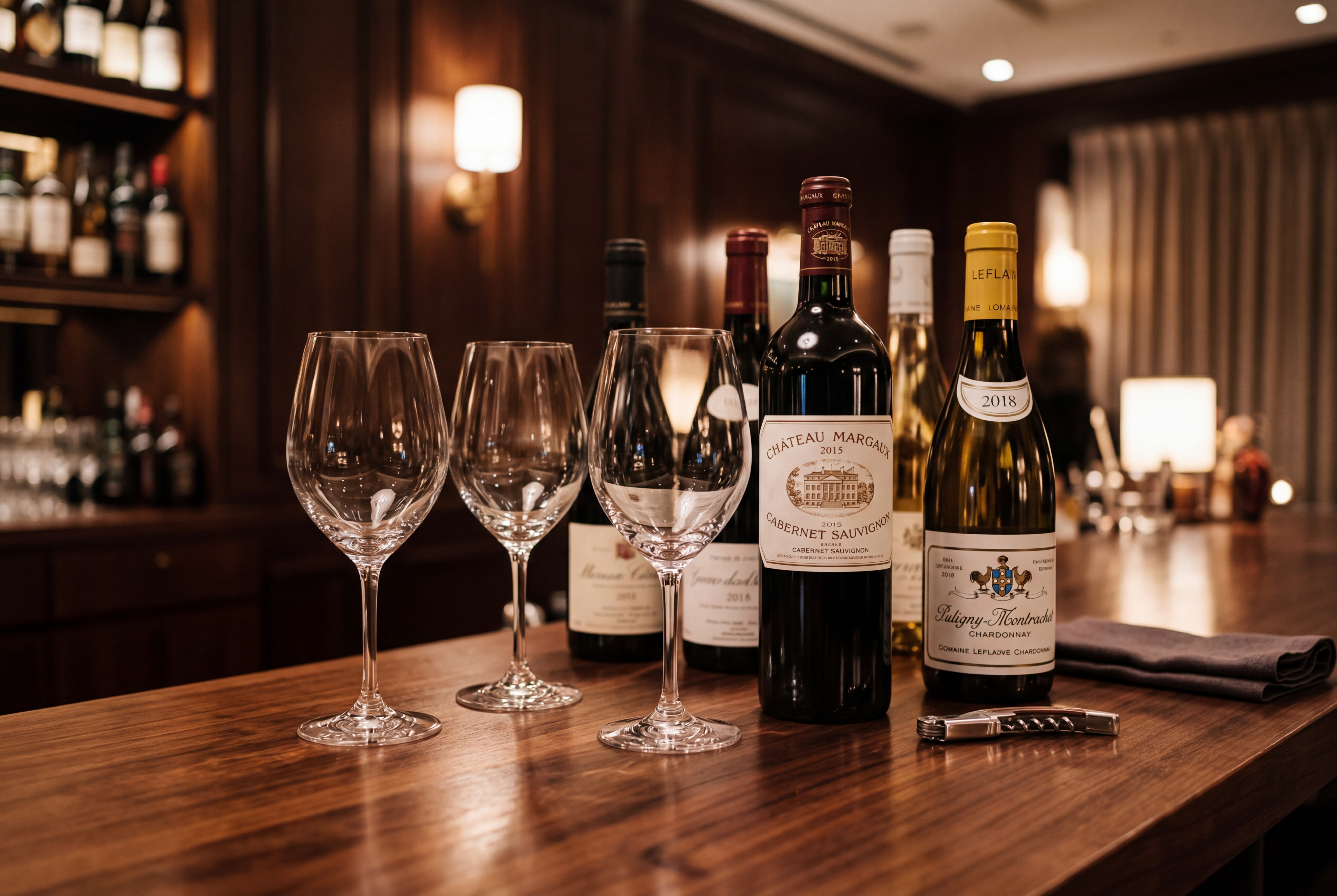 Wine bottles on the bar with warm ambient lighting